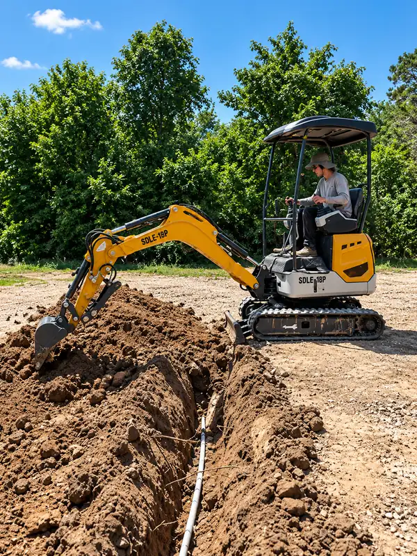 Yellow 2026 SDLANCH SDLE18P mini excavator digging a trench