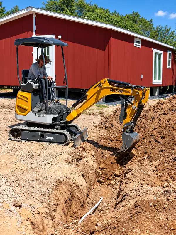 Yellow SDLE18P mini excavator with hydraulic thumb and digging bucket